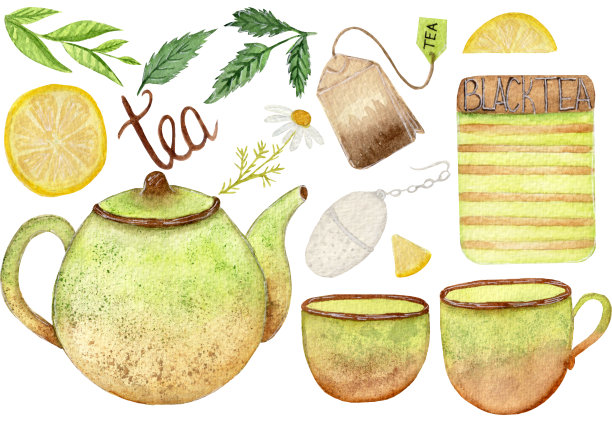 大水彩凉茶系列。茶壶，马克杯，茶包，袋子，过滤器，薄荷，柠檬，简单的字母，洋甘菊。元素被隔离在白色背景上。图片下载