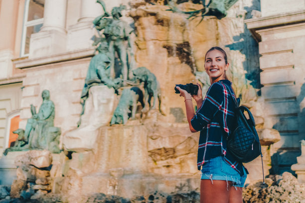 在布达佩斯拍摄地标的女子图片下载