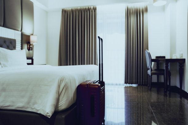 一个手提箱放在豪华酒店房间的卧室前面图片下载