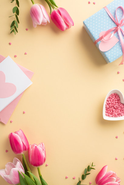 母亲节的概念。俯视图垂直照片的粉红色郁金香蓝色礼盒信封信和心形碟子洒在孤立的粉彩米色背景与复制空间在中间图片下载