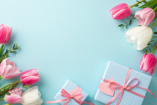 母亲节庆祝概念。顶部视图照片的春天花束白色和粉红色郁金香蓝色礼盒与缎带蝴蝶结孤立的淡蓝色背景与复制空间图片下载