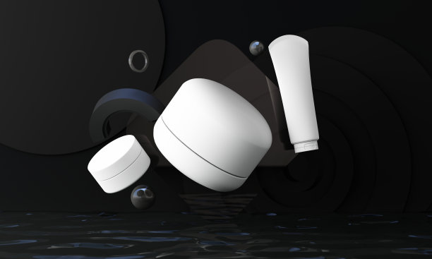 美容spa医疗护肤和化妆品乳液白色瓶霜包装产品上黑色装饰背景上的水液体与夏天新鲜的概念周围几何形状三维渲染图片下载