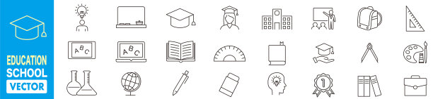 教育，学校，大学，学习，成功，学术，教科书线条风格图标矢量插图图片下载