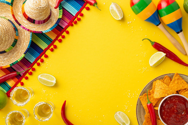 “五月五日”节的概念。顶部视图照片的玻璃杯龙舌兰洒盐玉米片碗与莎莎辣椒酸橙宽边帽彩色雨披沙球孤立鲜明的黄色背景与空白图片下载