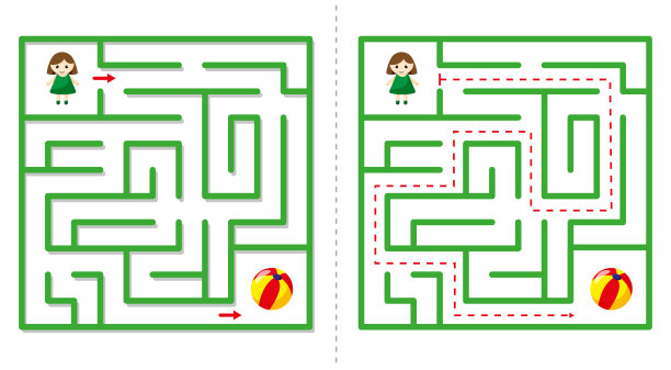 简单的迷宫抽象游戏与答案。帮助女孩找到球。图片下载
