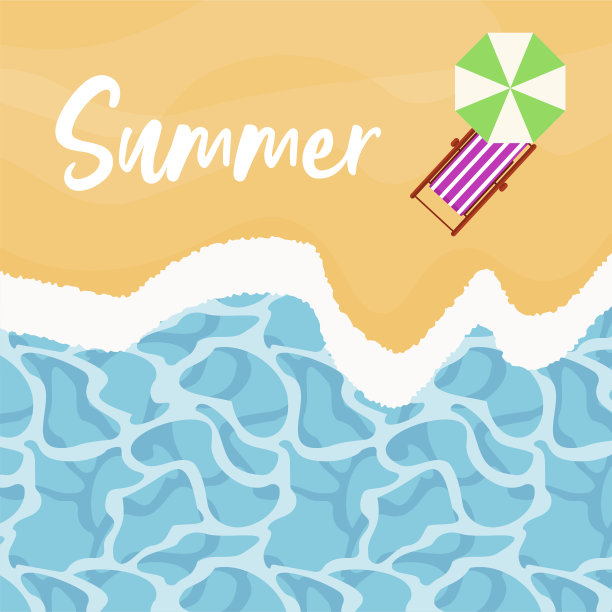 矢量海滩与海浪，雨伞，明亮躺椅。简短的短语是夏天。夏天的背景。从上面看。图片下载