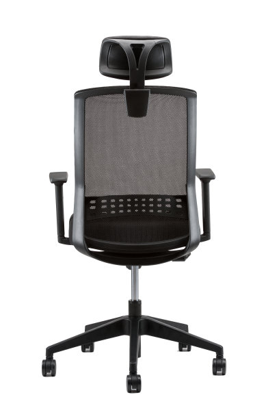 垂直后视图的黑色办公椅与头枕孤立的白色背景图片下载