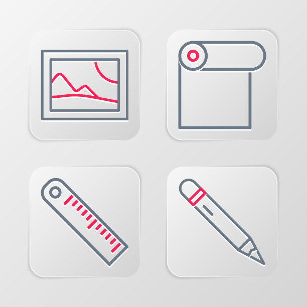 设置线铅笔与橡皮擦，尺子，纸卷和图片景观图标。向量图片下载