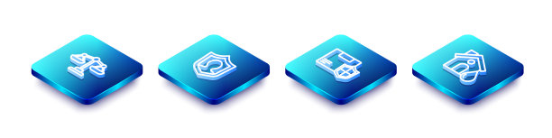 设置等距线秤正义，人寿保险与盾牌，快递安全和房屋洪水图标。向量图片下载