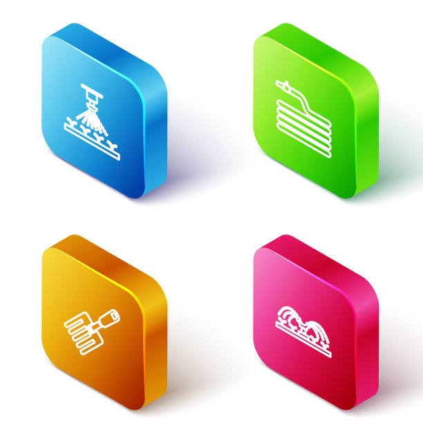 设置等距线自动灌溉喷头，花园软管或消防软管，叉子和图标。向量图片下载