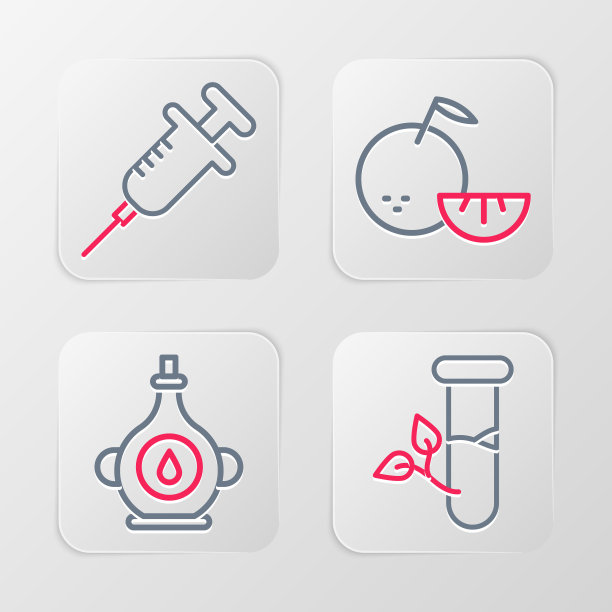 设置行实验室玻璃和叶子，油瓶，柑橘类水果和注射器图标。向量图片下载