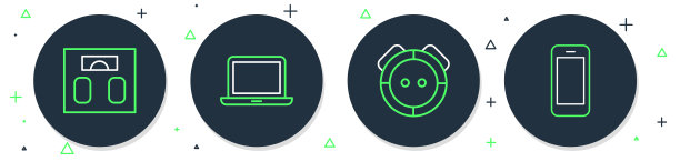 设置线笔记本电脑，机器人吸尘器，浴室秤和智能手机图标。向量图片下载