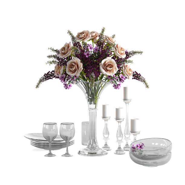 一个花瓶里的花，旁边的盘子和玻璃杯，3d渲染图片下载