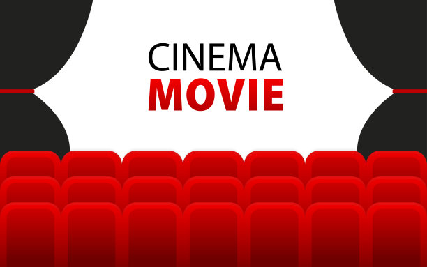 电影院首映海报设计与白色屏幕。影院电影。带有屏幕和红色座椅的电影院礼堂。有帘子的电影院。矢量图图片下载