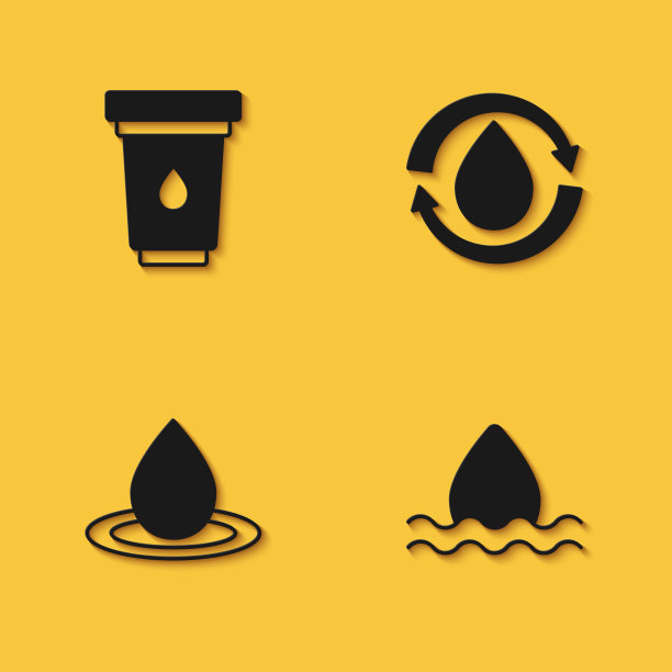 设置水过滤器滤芯，下降，和回收干净的水图标与长阴影。向量图片下载