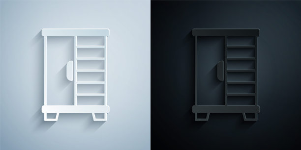 剪纸衣柜图标孤立在灰色和黑色的背景。橱柜的迹象。纸艺术风格。向量图片下载