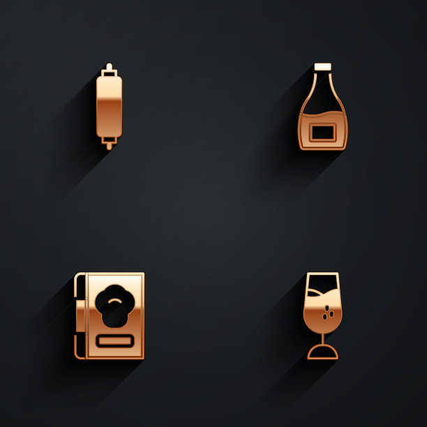 设置擀面杖，酱瓶，食谱和酒杯图标与长阴影。向量图片下载