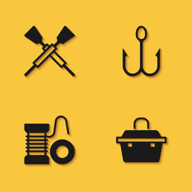 设置交叉桨或桨船，箱子捕鱼设备，纺纱卷轴和鱼钩图标与长阴影。向量图片下载