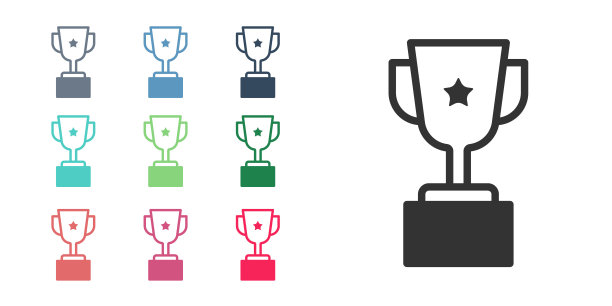 黑色奖杯图标孤立在白色背景上。冠军奖杯标志。冠军或比赛奖杯。运动成就标志。设置彩色图标。向量图片下载