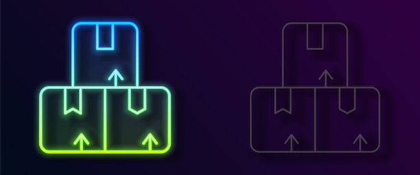 发光的霓虹灯线纸箱纸箱图标隔离在黑色背景。箱子，包裹，包裹标志。运输和包装。向量图片下载