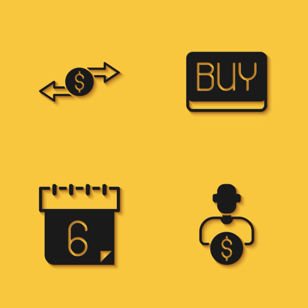 设置货币兑换，商业投资者，日历和购买按钮图标与长阴影。向量图片下载