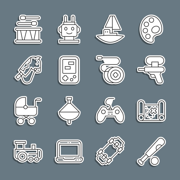 套装线棒球球棒，海盗藏宝图，水枪，玩具船，俄罗斯方块电子游戏，马，鼓槌和溜溜球玩具图标。向量图片下载