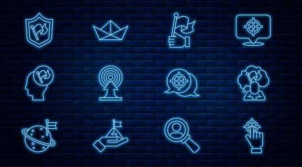 设置线目标，男子手持旗帜，手，与箭头，盾牌，和折叠纸船图标。向量图片下载