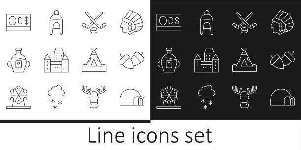 设置线冰屋冰屋，橡子，冰球棒和冰球，Chateau Frontenac酒店，枫糖浆，加元，印第安帐篷棚屋和冬季图标。向量图片下载