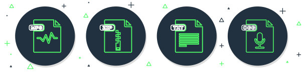 设置行ZIP文件文档，TXT, MP3和OGG图标。向量图片下载
