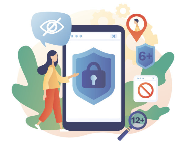 家长控制软件。在线访问限制。为儿童屏蔽、禁止或不适当的内容。安全的网络。现代平面卡通风格。白色背景上的矢量插图图片下载