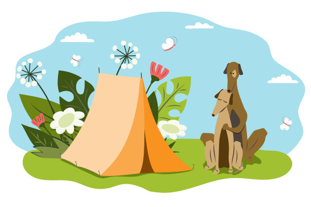 两只灰狗在帐篷里野餐。图片下载