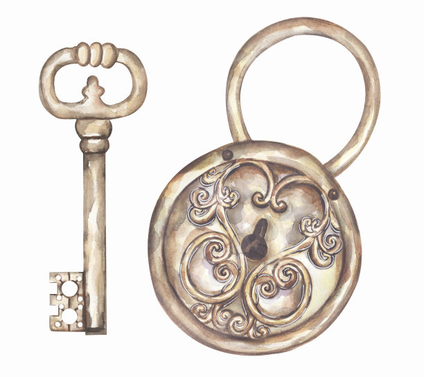 水彩复古风格的锁和钥匙集插图。手绘古董挂锁和钥匙剪纸图片下载