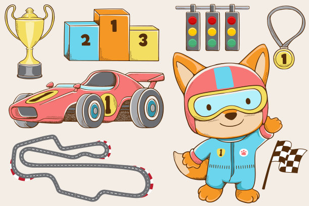 矢量插图手绘可爱的狐狸卡通赛车服装与赛车元素图片下载