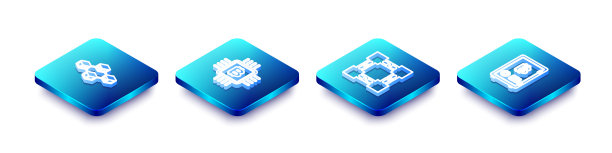 设置等距线区块链技术，CPU挖矿场和权益证明图标。向量图片下载