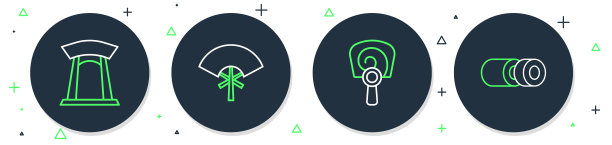 传统扇子，韩式手，门和寿司图标。向量图片下载