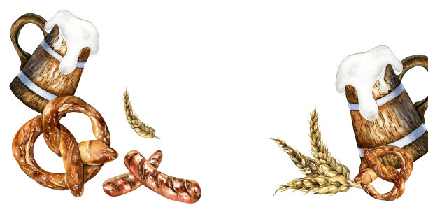 木制品脱啤酒，椒盐卷饼，黑麦束水彩插图孤立在白色。图片下载