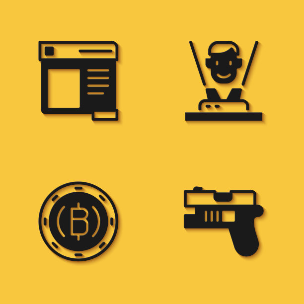 设置浏览器窗口，未来武器，加密货币比特币和长阴影全息图图标。向量图片下载
