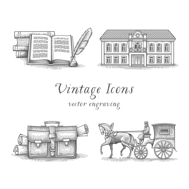 书，羽毛笔，旅馆，装文件的公文包，老式出租车和马。图片下载