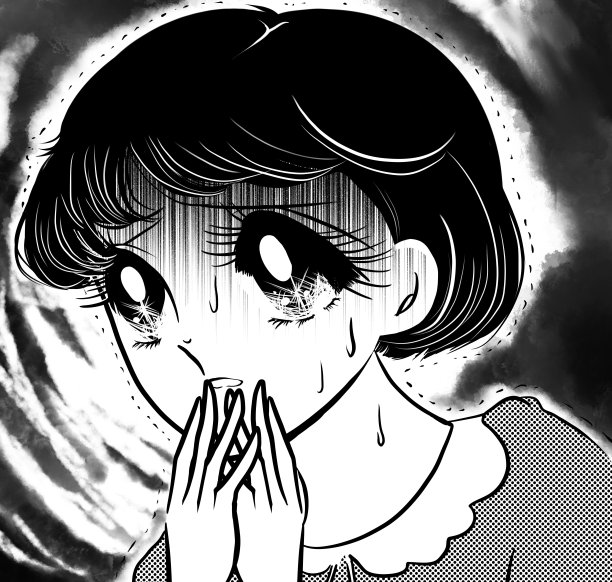 这幅70年代的黑白漫画风格的插图描绘了一个女孩看起来苍白，害怕什么。图片下载