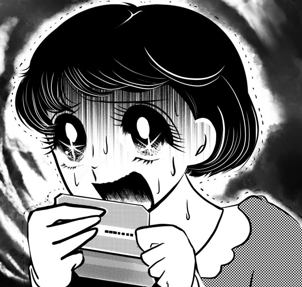 这是一幅70年代女孩漫画风格的黑白插图，画中一个女孩脸色苍白，因为她的积蓄用光了而悲伤不已。图片下载