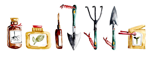 农具:用于农作物生产的一套物品和工具家庭园艺和种植室内植物。图片下载