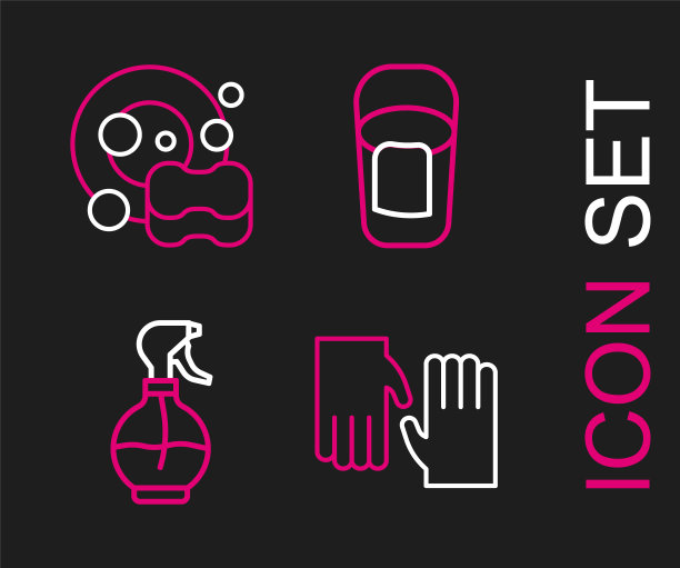 设置线橡胶手套，水喷瓶，桶与抹布和洗碗图标。向量图片下载