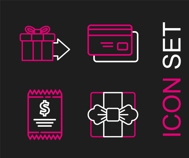 设置行礼品盒，支票和财务支票，信用卡和图标。向量图片下载