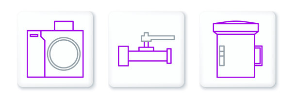 设置线大手电筒潜水员，相机和工业金属管道和阀门图标。向量图片下载