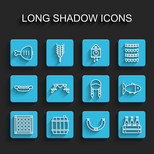 集线方格餐巾纸，木桶，鸡腿，香肠，啤酒瓶包，野餐桌与长椅，鱼和辫子图标。向量图片下载