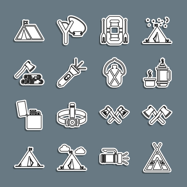集线游客帐篷，交叉木斧，保温瓶，漂流船，手电筒，木制和，与旗帜和水壶图标。向量图片下载