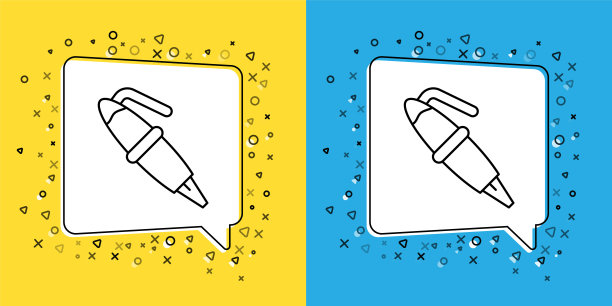 设定行自来水笔笔尖图标隔离在黄色和蓝色背景上。钢笔工具标志。向量图片下载