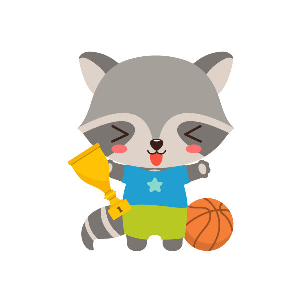 可爱的浣熊运动员拿着获奖的运动杯。图片下载