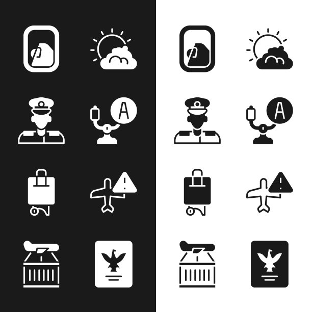 设置飞机方向盘，飞行员，飞机窗口，太阳和云天气，手提箱，警告飞机，护照和飞机图标。向量图片下载