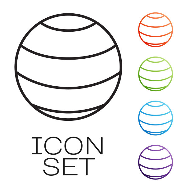 黑线健身球图标孤立在白色背景。健身房的球。设置彩色图标。向量图片下载